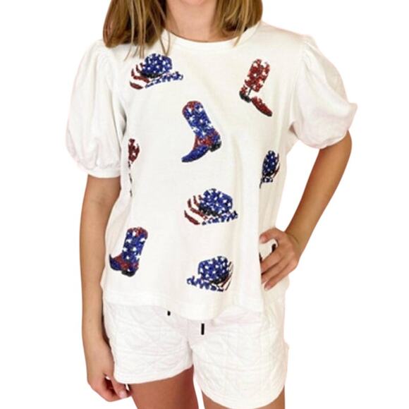NWT Peach Love Sequin Boot Scootin 4th Of July USA Puff Sleeve Top M - Picture 1 of 9